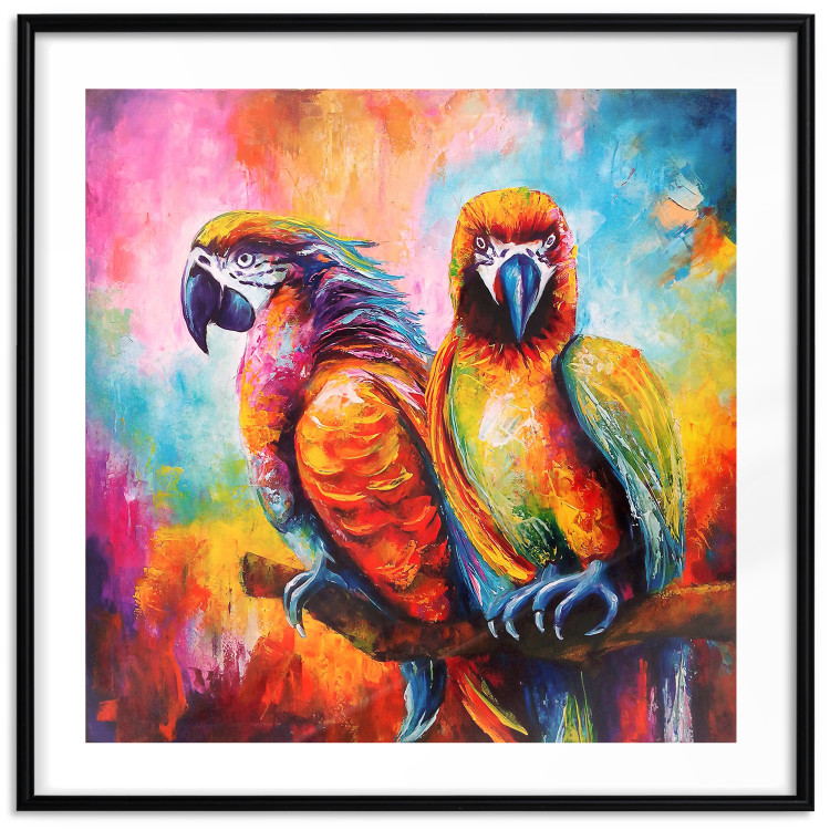 Poster Colorful Parrots - parrots on a tree against a background of abstract colors 127032 additionalImage 15