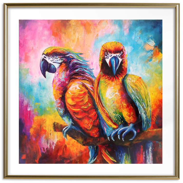 Poster Colorful Parrots - parrots on a tree against a background of abstract colors 127032 additionalImage 14