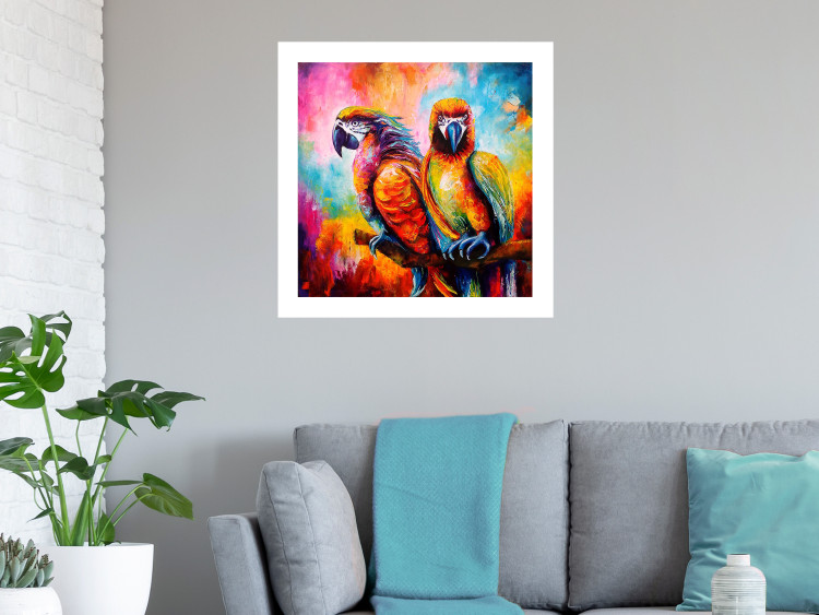 Poster Colorful Parrots - parrots on a tree against a background of abstract colors 127032 additionalImage 3