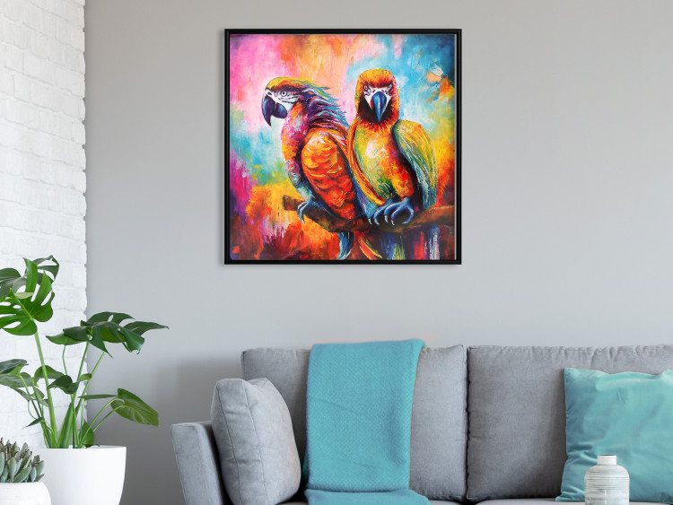 Poster Colorful Parrots - parrots on a tree against a background of abstract colors 127032 additionalImage 4