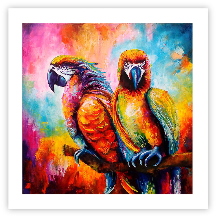 Poster Colorful Parrots - parrots on a tree against a background of abstract colors 127032 additionalImage 19