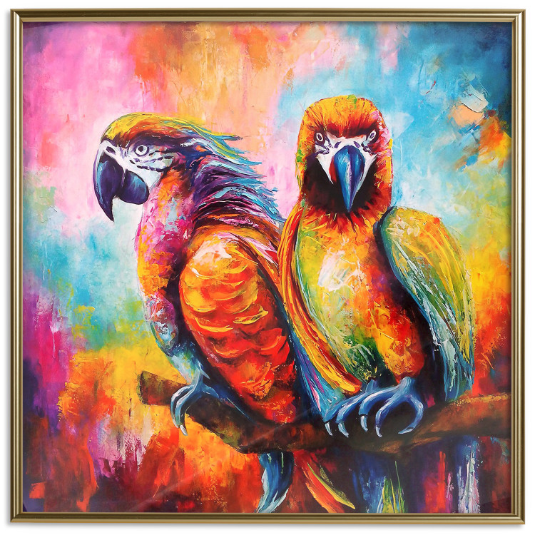 Poster Colorful Parrots - parrots on a tree against a background of abstract colors 127032 additionalImage 17