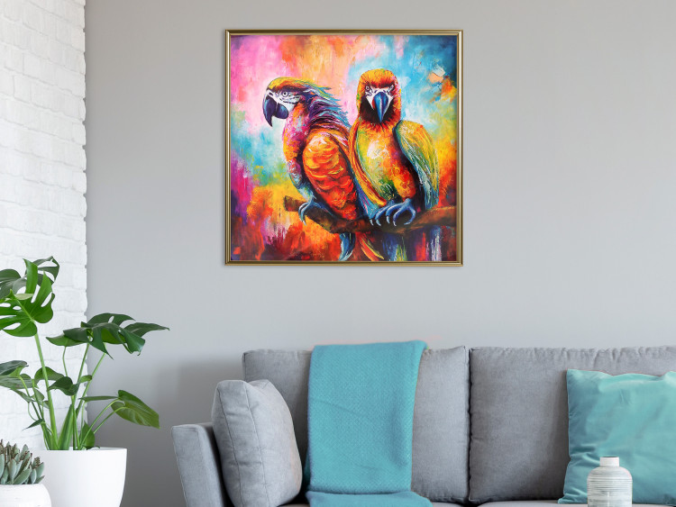 Poster Colorful Parrots - parrots on a tree against a background of abstract colors 127032 additionalImage 5