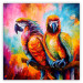 Poster Colorful Parrots - parrots on a tree against a background of abstract colors 127032