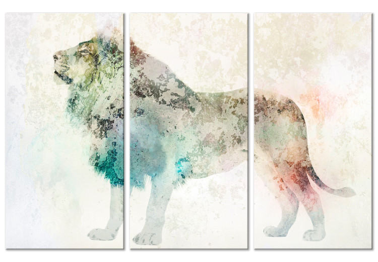 Canvas Art Print Colorful King (3-part) - multicolored lion on a light beige background 127532
