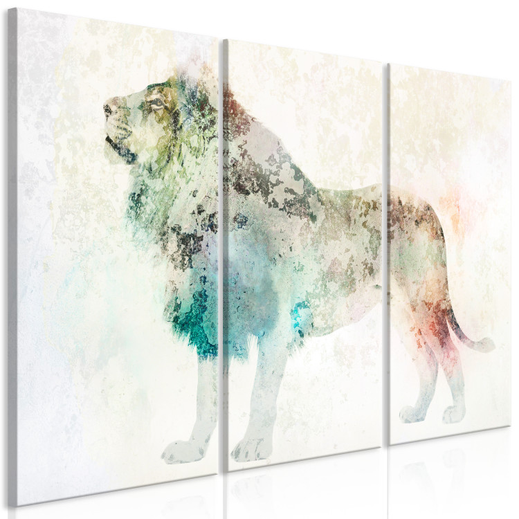 Canvas Art Print Colorful King (3-part) - multicolored lion on a light beige background 127532 additionalImage 2
