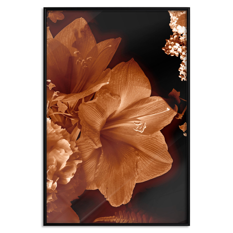 Poster Dark Lilies - composition of red flowers on a solid black background 128632 additionalImage 18