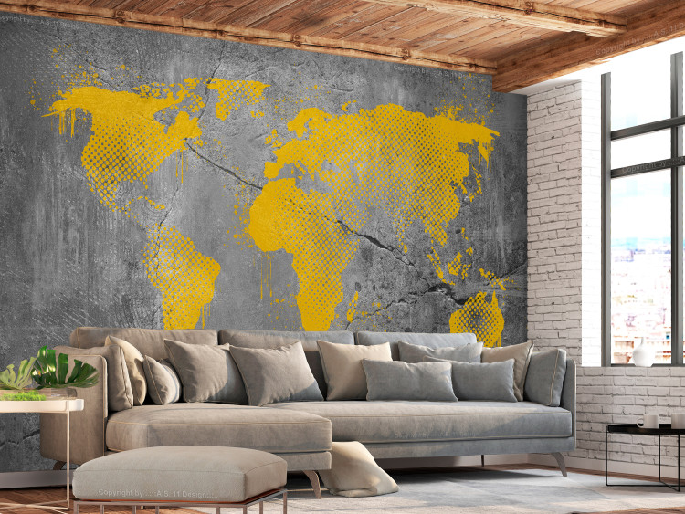 Wall Mural Industrial world - yellow map of the continents on a background with concrete texture 132232