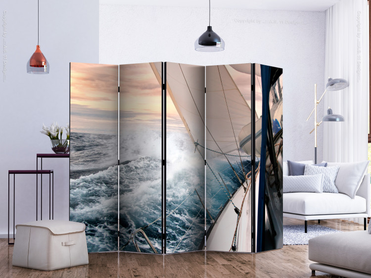 Folding Screen Sailing II (5-piece) - boat against dense waves and sunset 133332 additionalImage 2