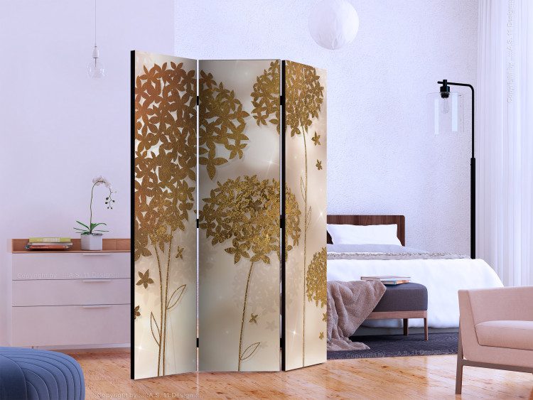 Folding Screen Golden Garden - golden flowers against a backdrop with an illusion of shining stars 133732 additionalImage 2