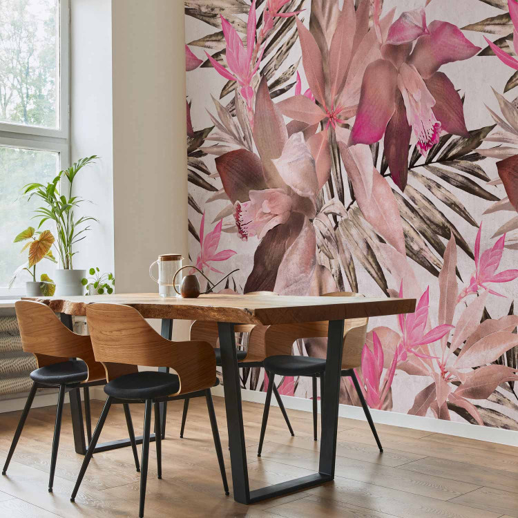 Wall Mural Blooming jungle - pink composition with floral motif and leaves 135732 additionalImage 4