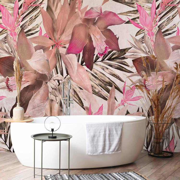 Wall Mural Blooming jungle - pink composition with floral motif and leaves 135732 additionalImage 8