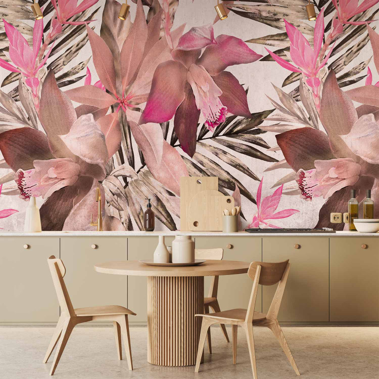 Wall Mural Blooming jungle - pink composition with floral motif and leaves 135732 additionalImage 6