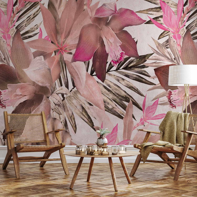Wall Mural Blooming jungle - pink composition with floral motif and leaves 135732