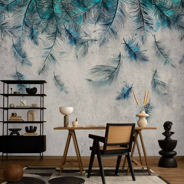 Photo Wallpaper Sapphire feather rain - minimalist composition on concrete background 136332 additionalImage 4