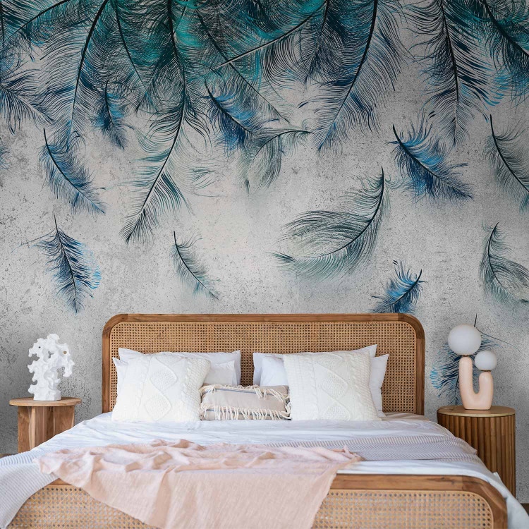 Photo Wallpaper Sapphire feather rain - minimalist composition on concrete background 136332 additionalImage 2