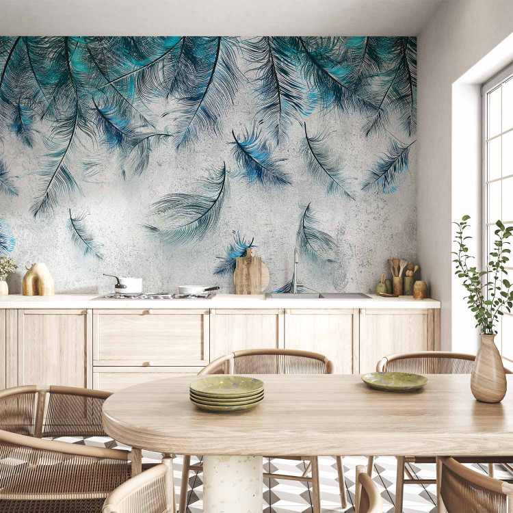 Photo Wallpaper Sapphire feather rain - minimalist composition on concrete background 136332 additionalImage 6