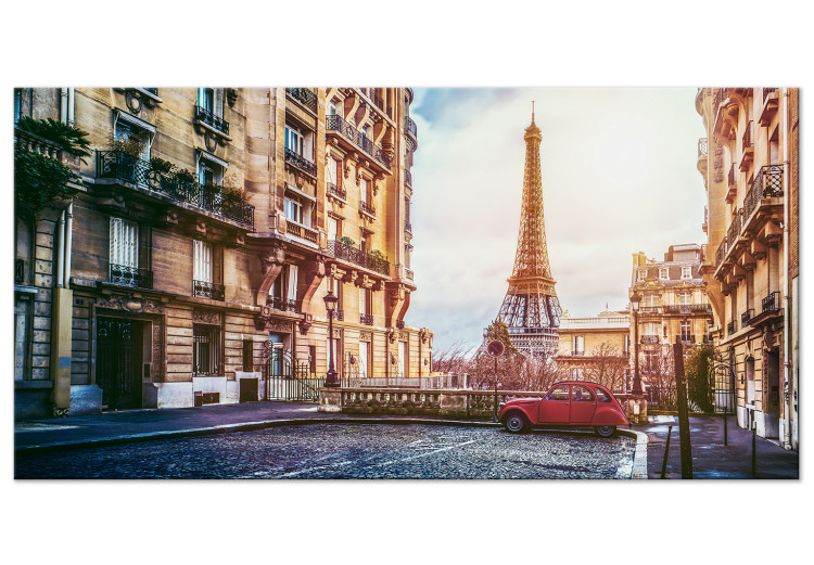 Canvas Art Print View of the Eiffel Tower (1-piece) wide - shot on a Parisian street 145132