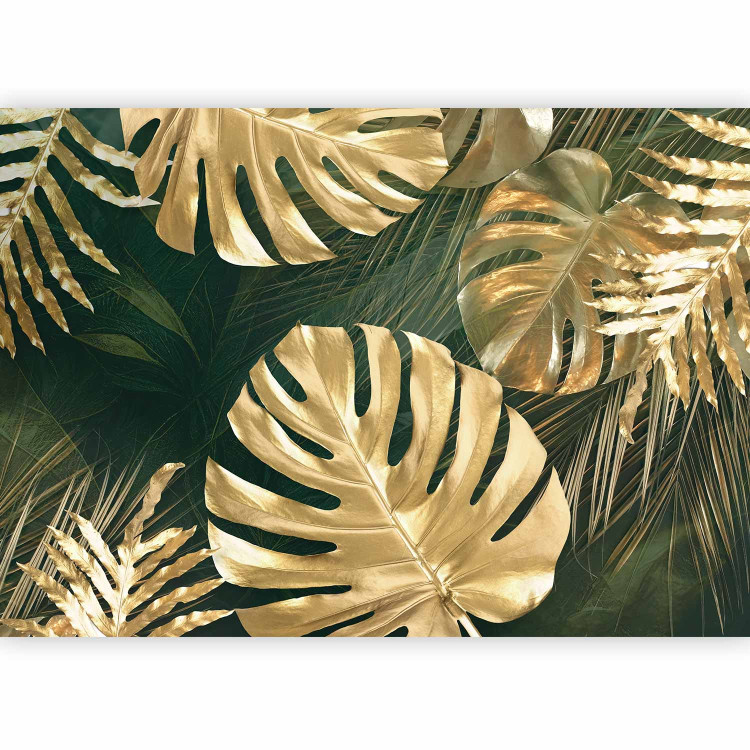 Photo Wallpaper Golden Leaves - Floral Composition With Monsters on a Green Background 148432 additionalImage 5