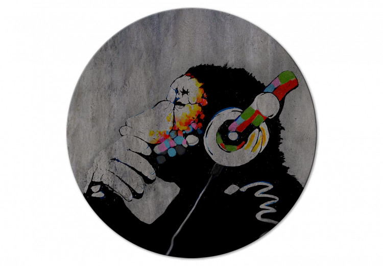 Round Canvas Banksy - Pensive Colorful Monkey in Headphones Listening to Music 148732