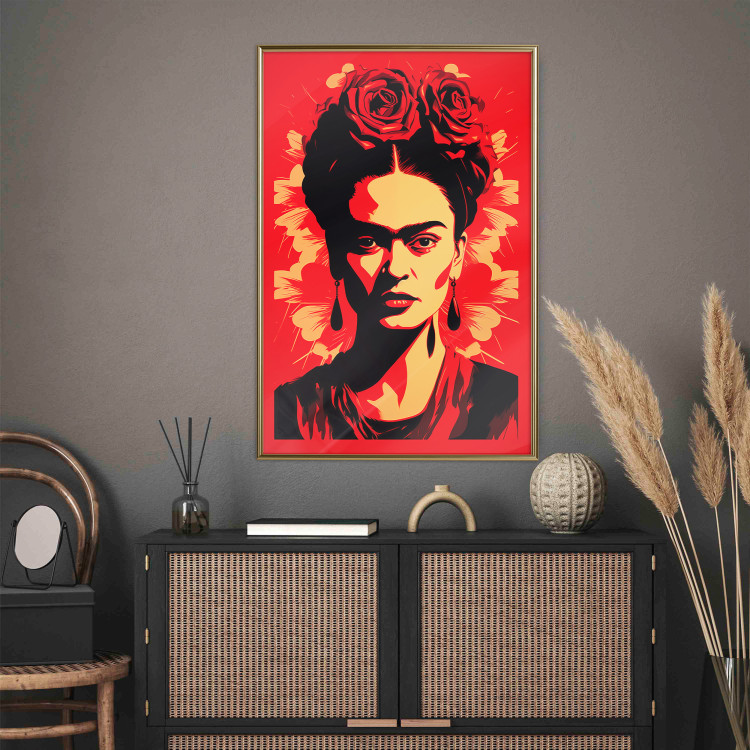 Wall Poster Portrait of Frida - A Poster-Like Representation of the Painter on a Red Background 152232 additionalImage 2