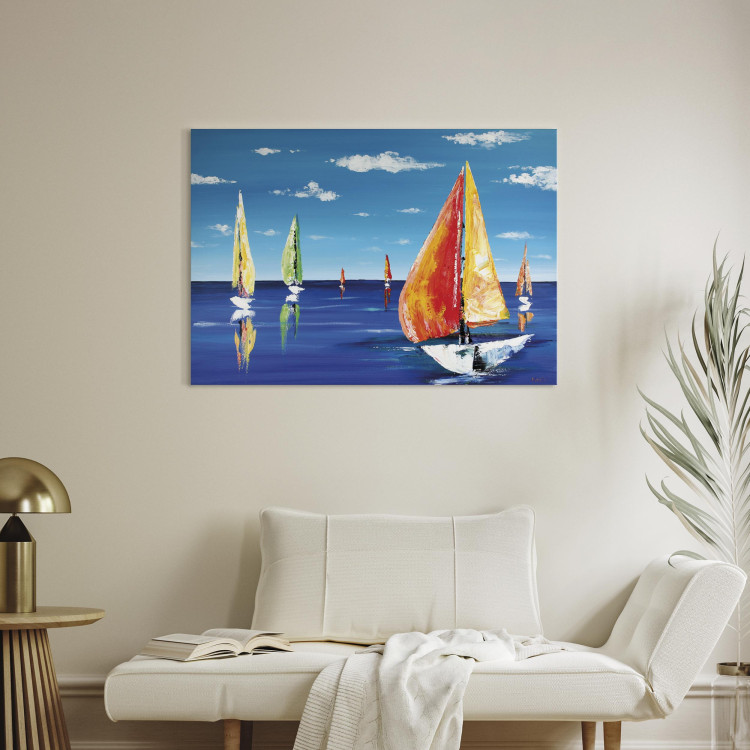 Canvas Summer Afternoon - Hand-painted Colorful Sailboats on Lake 97932 additionalImage 3