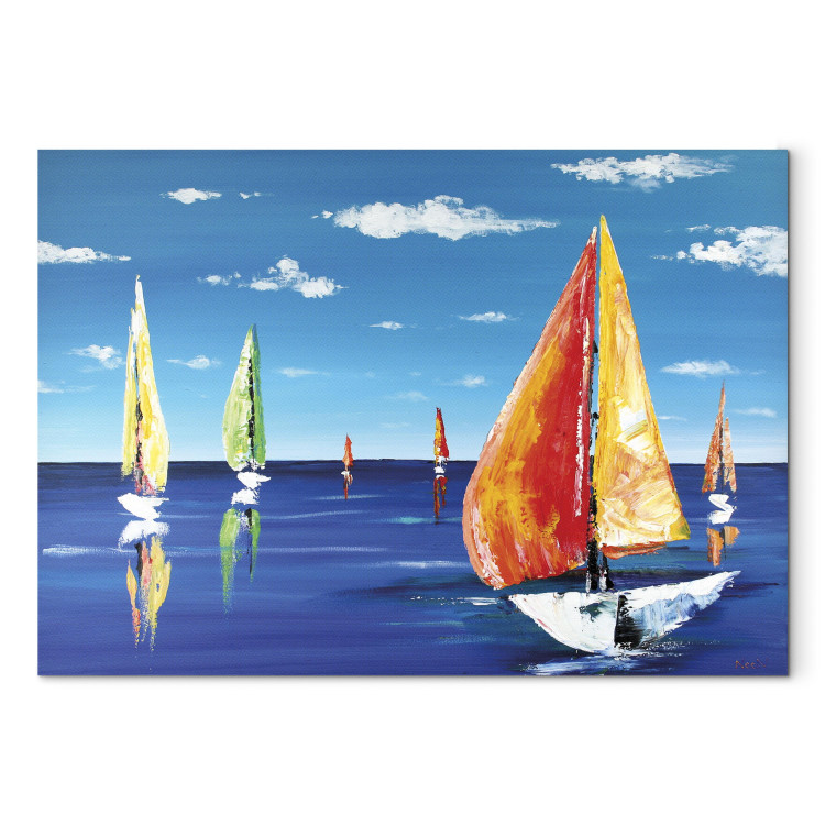 Canvas Summer Afternoon - Hand-painted Colorful Sailboats on Lake 97932