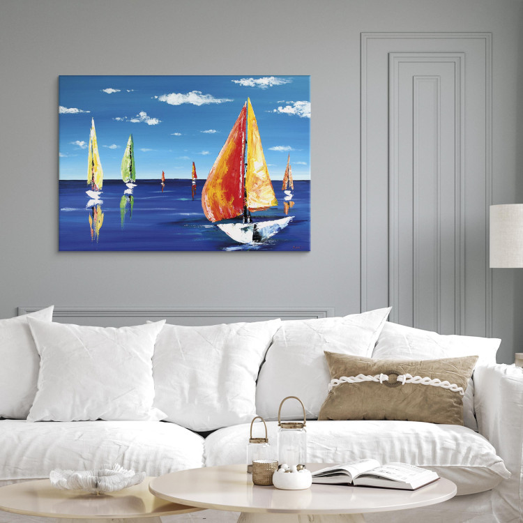 Canvas Summer Afternoon - Hand-painted Colorful Sailboats on Lake 97932 additionalImage 5