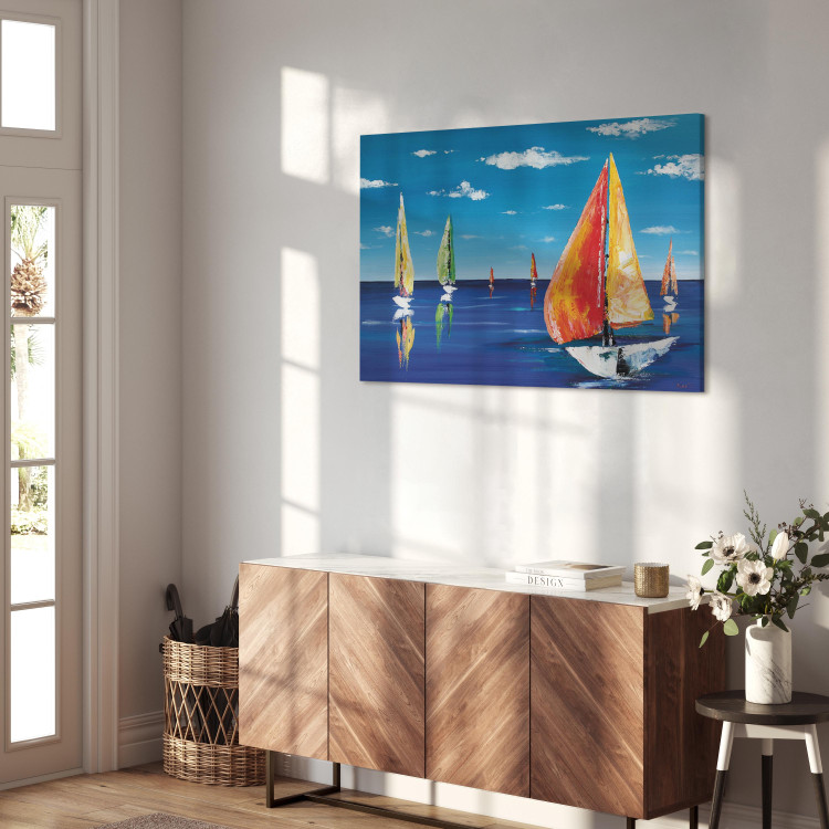Canvas Summer Afternoon - Hand-painted Colorful Sailboats on Lake 97932 additionalImage 4