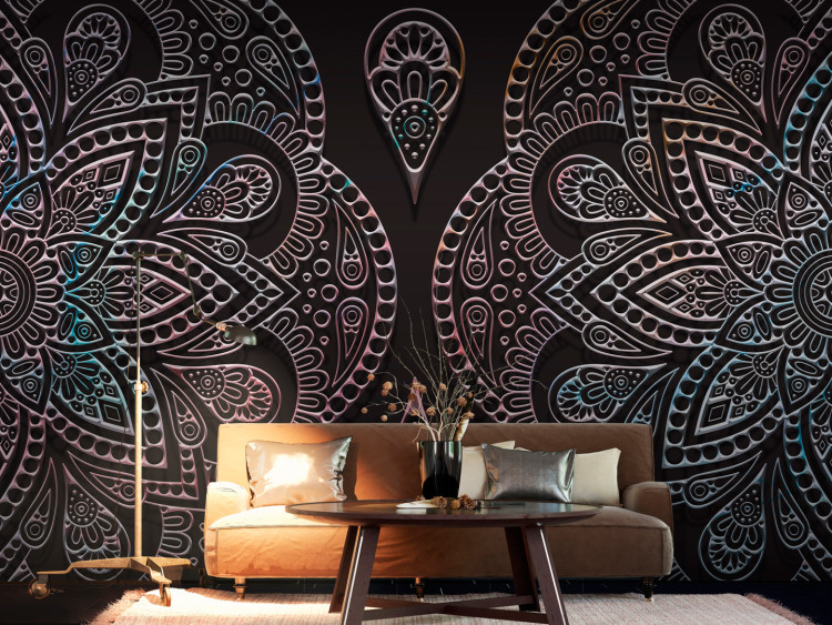 Wall Mural Mandala - oriental motif with pattern and gradient effect on black background 98532