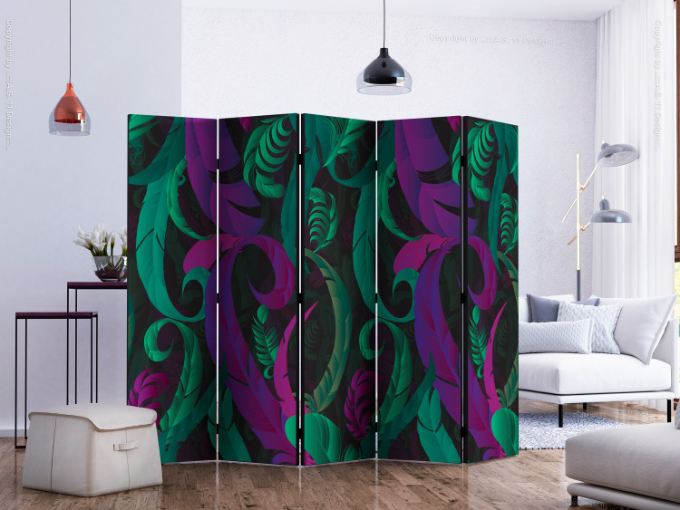 Room Separator Dance of Feathers II (5-piece) - abstraction in shades of green and pink 124042 additionalImage 2