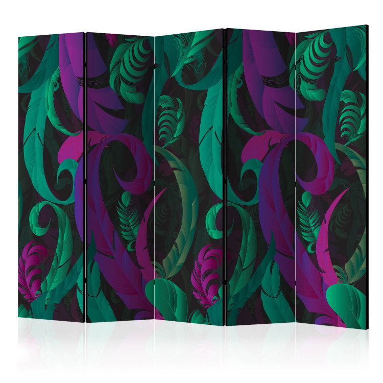 Room Separator Dance of Feathers II (5-piece) - abstraction in shades of green and pink 124042