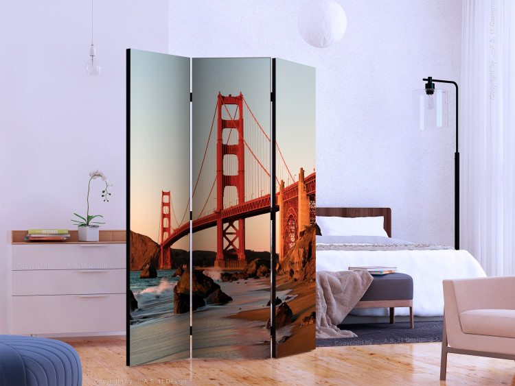 Folding Screen Fiery Landscape (3-piece) - red bridge against the backdrop of sea waves 124142 additionalImage 2