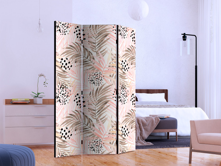 Room Divider Pink Palms (3-piece) - pattern of tropical leaves with a hint of bronze 124242 additionalImage 2