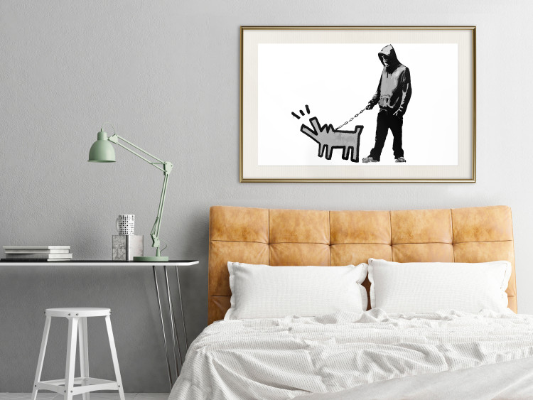 Poster Dog Art - black and white character holding a dog on leash in Banksy style 124442 additionalImage 16