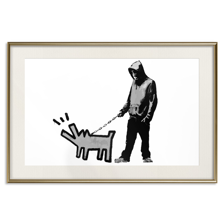 Poster Dog Art - black and white character holding a dog on leash in Banksy style 124442 additionalImage 20
