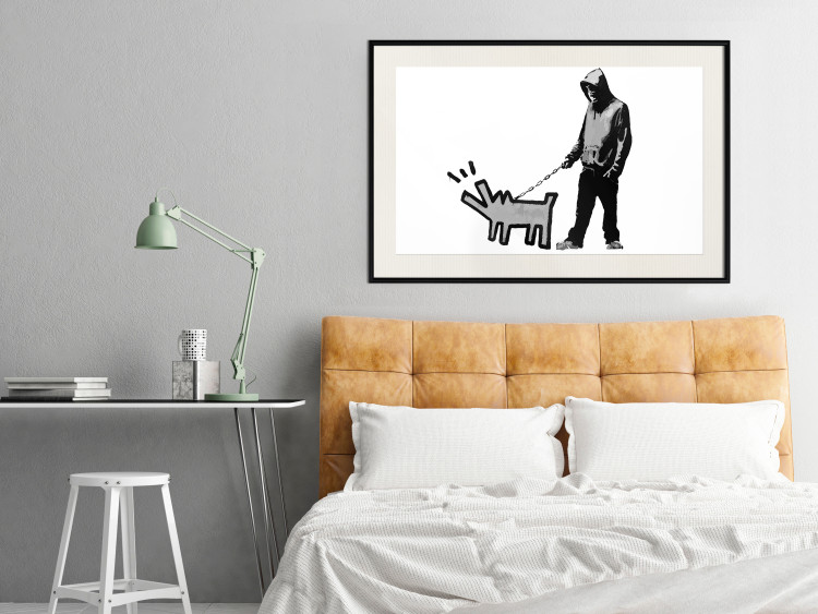 Poster Dog Art - black and white character holding a dog on leash in Banksy style 124442 additionalImage 17