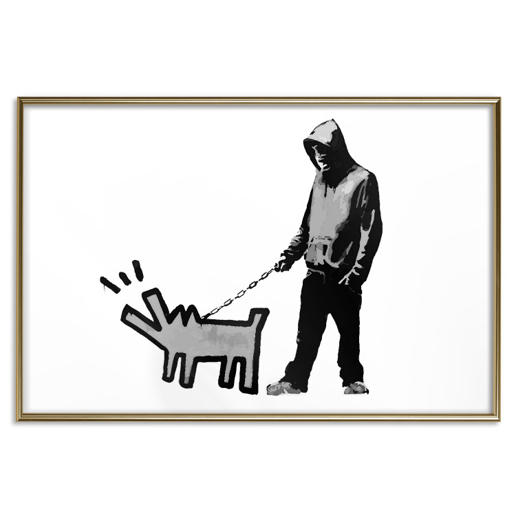 Poster Dog Art - black and white character holding a dog on leash in Banksy style 124442 additionalImage 26