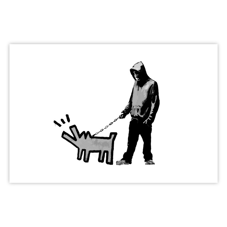 Poster Dog Art - black and white character holding a dog on leash in Banksy style 124442 additionalImage 17