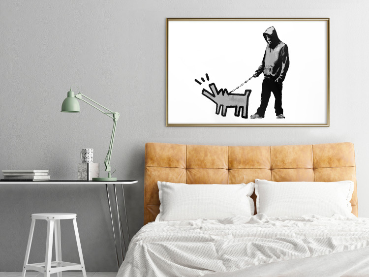 Poster Dog Art - black and white character holding a dog on leash in Banksy style 124442 additionalImage 7