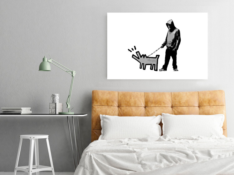 Poster Dog Art - black and white character holding a dog on leash in Banksy style 124442 additionalImage 4