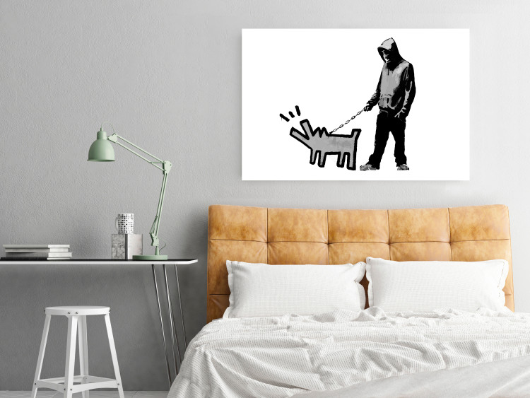 Poster Dog Art - black and white character holding a dog on leash in Banksy style 124442 additionalImage 23