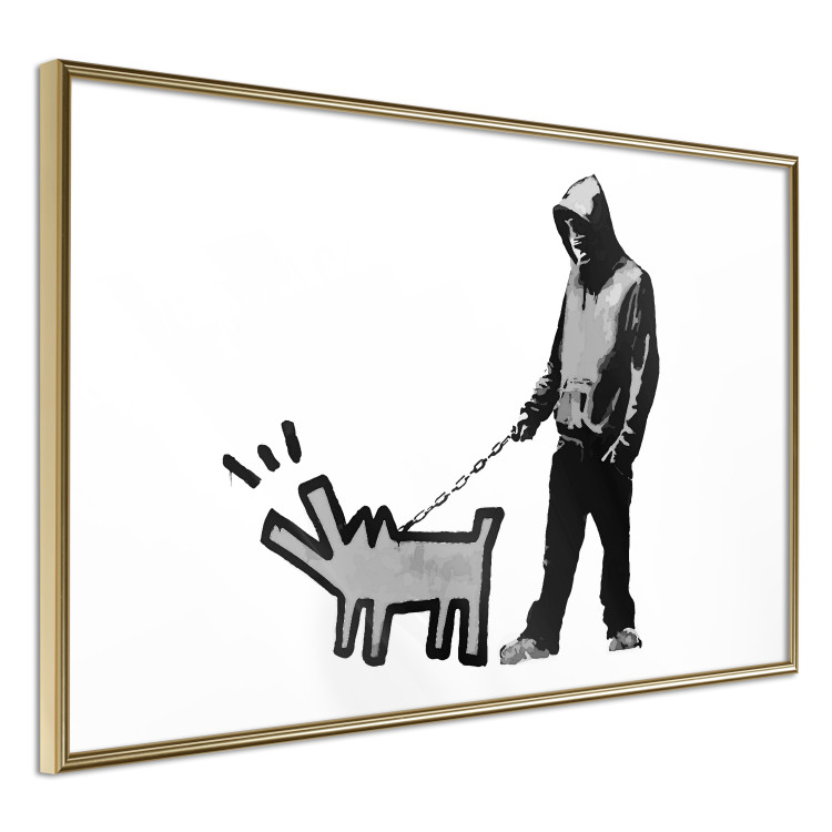 Poster Dog Art - black and white character holding a dog on leash in Banksy style 124442 additionalImage 12