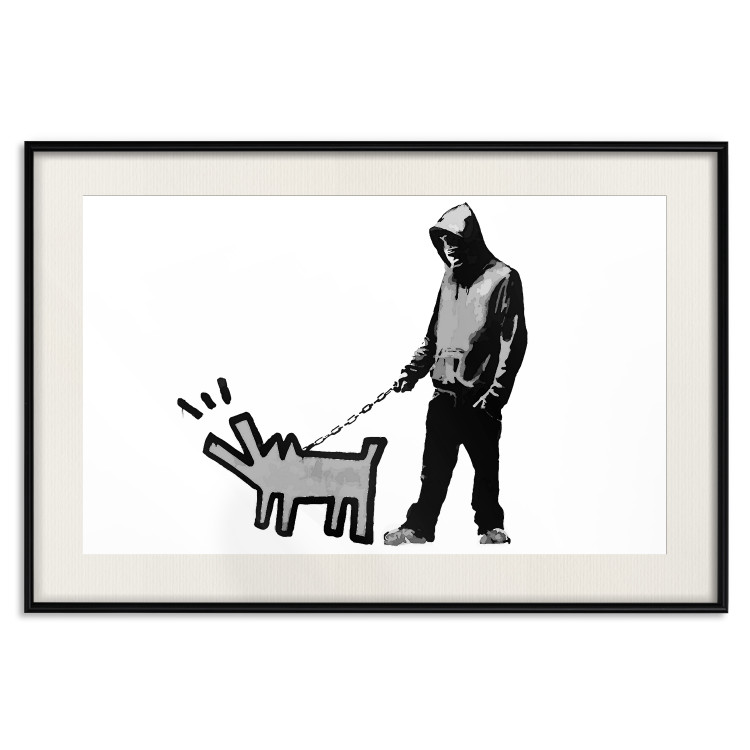 Poster Dog Art - black and white character holding a dog on leash in Banksy style 124442 additionalImage 18