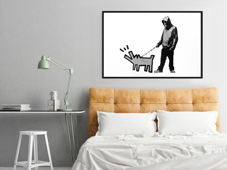 Poster Dog Art - black and white character holding a dog on leash in Banksy style 124442 additionalImage 3