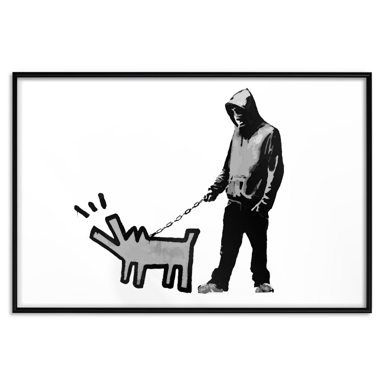 Poster Dog Art - black and white character holding a dog on leash in Banksy style 124442 additionalImage 25