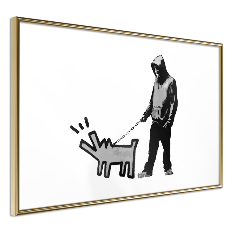 Poster Dog Art - black and white character holding a dog on leash in Banksy style 124442 additionalImage 6