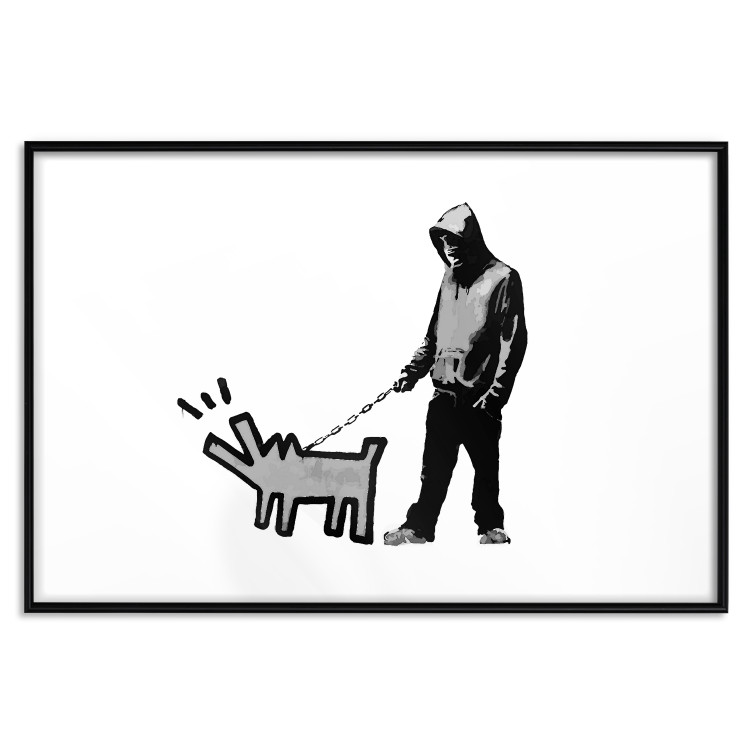 Poster Dog Art - black and white character holding a dog on leash in Banksy style 124442 additionalImage 20