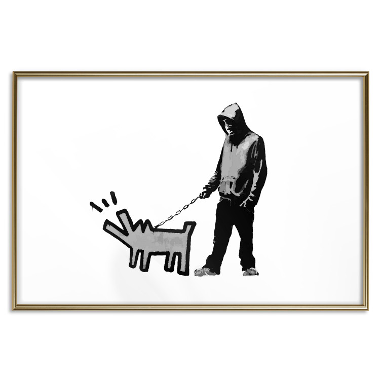 Poster Dog Art - black and white character holding a dog on leash in Banksy style 124442 additionalImage 14