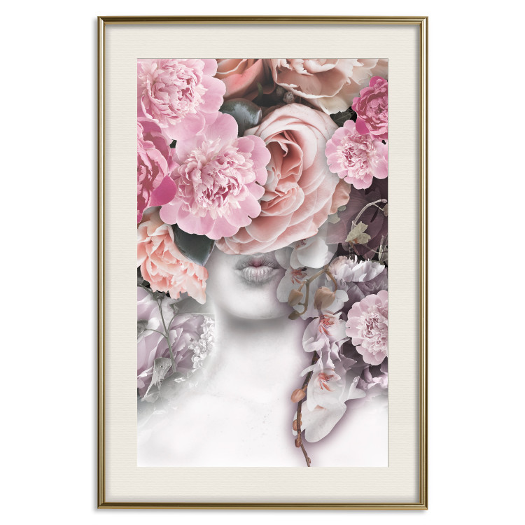 Wall Poster Give a Kiss - abstract portrait of a woman surrounded by light roses 127242 additionalImage 20